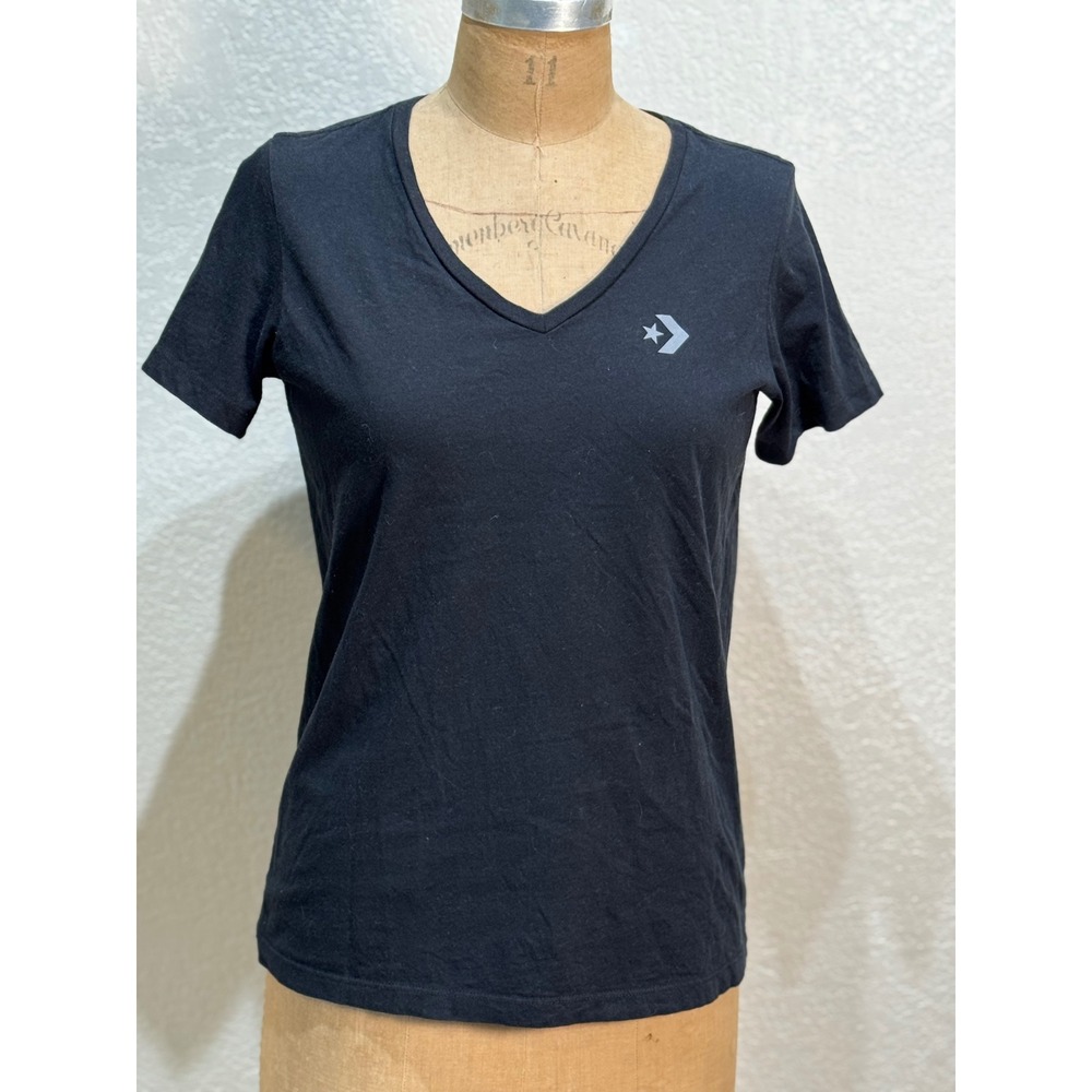 Converse Classic Fit Womens V-Neck T-Shirt Black Cotton Star‎ Chevron Logo Small